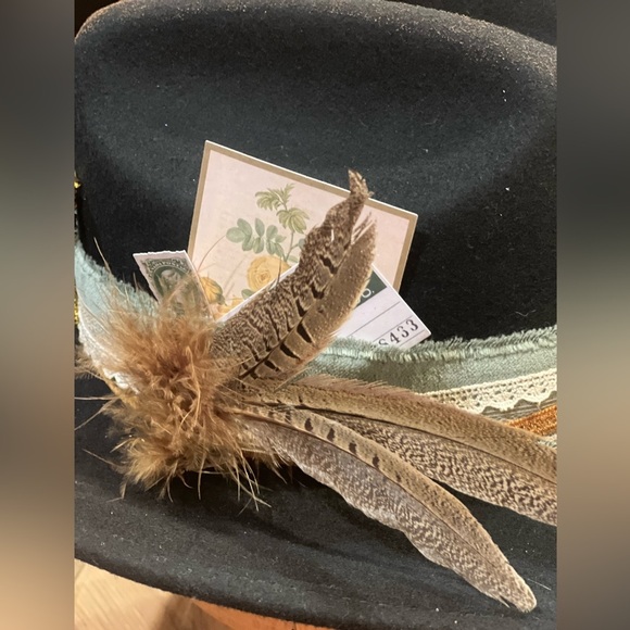 Handmade/Decorated 100% Wool Western Festival Burned Black Hat with Feathers - Picture 5 of 11
